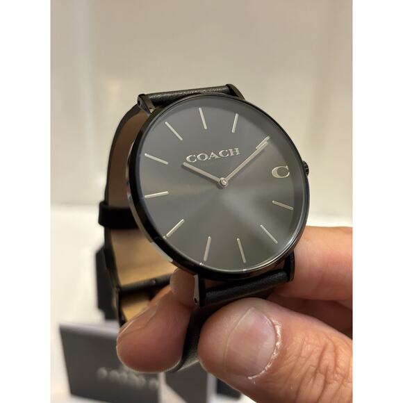 Coach Charles Men’s Black Leather Strap Black Dial Watch 14602434 New In Box - Picture 1 of 15